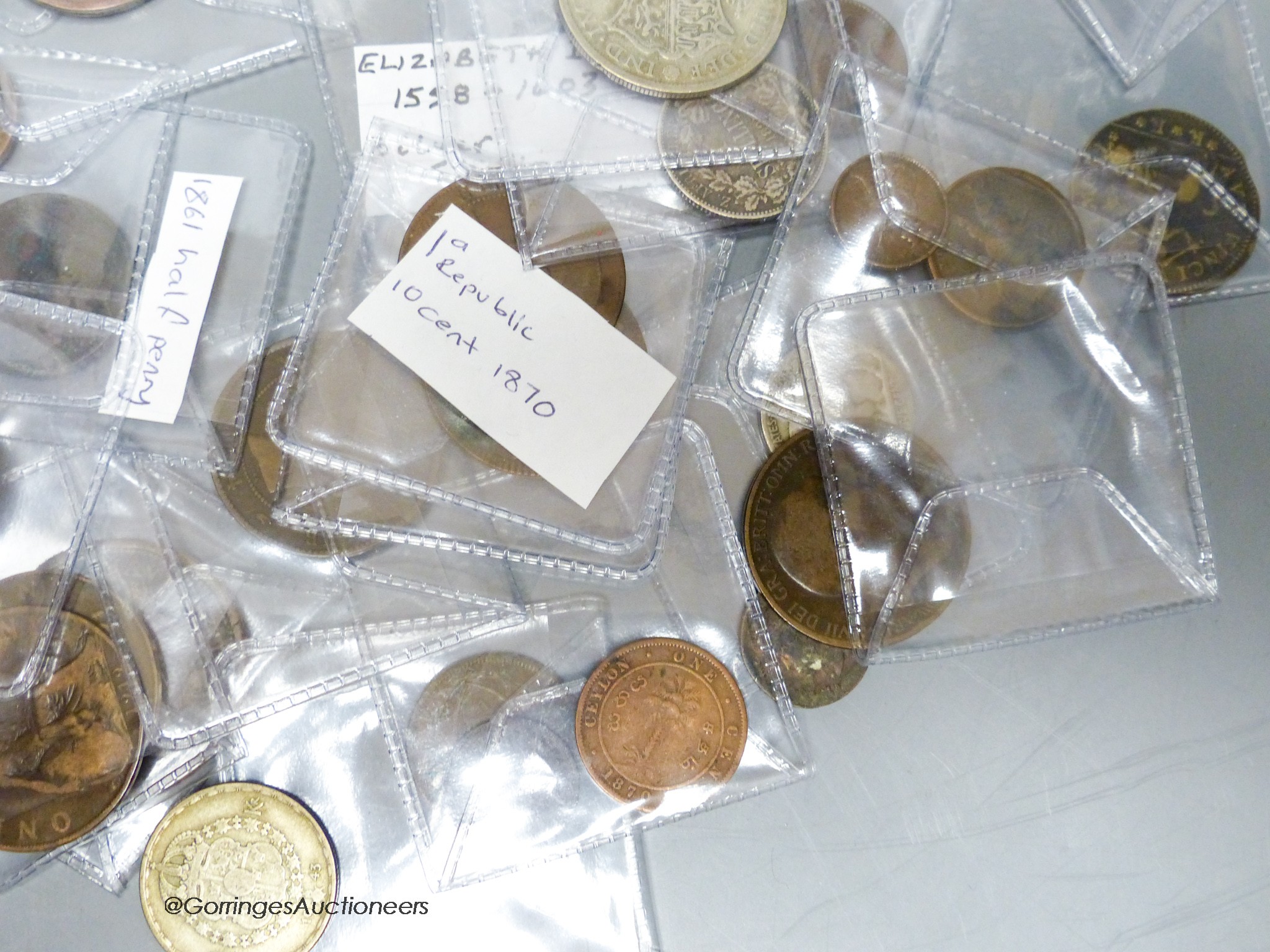 UK and World Coins and medals, 16th-20th century including an Elizabeth I shilling, William and Mary medal, Victoria farthings etc